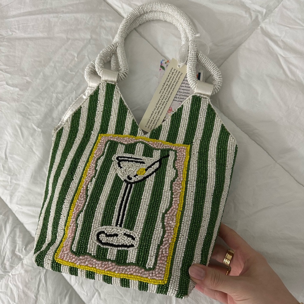 Green and White Beaded Tote Bag